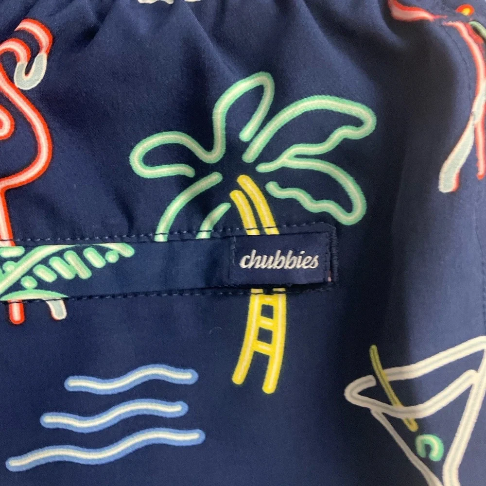 Chubbies Navy Blue Drawstring Waist Tropical Print ElasticSwim Trunks Shorts Sma